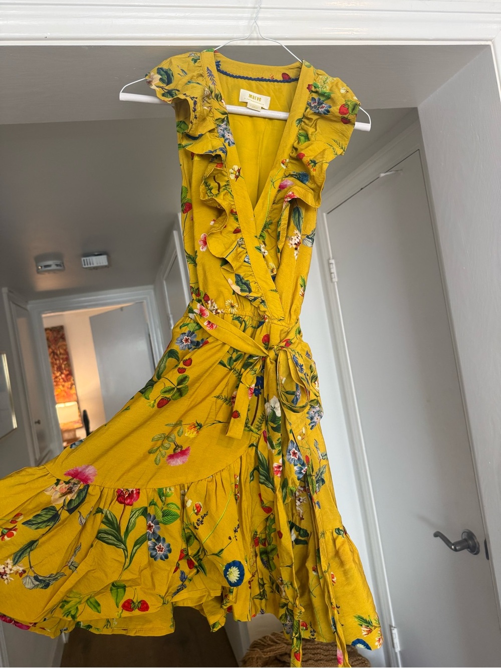 Maeve Mustard Floral Ruffle Wrap Midi Dress